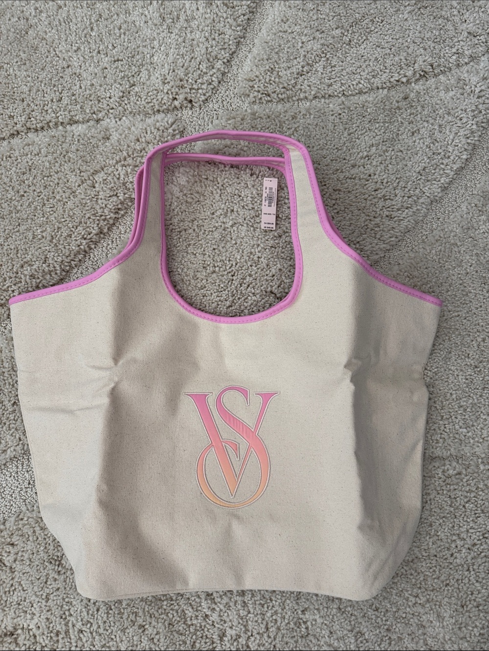 Victoria's Secret Cream Canvas Tote with Pink Trim and Gradient Logo